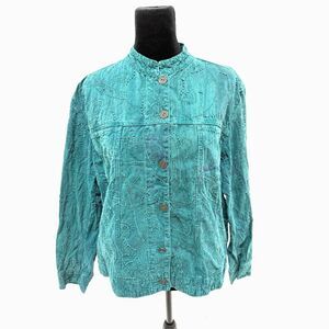 teal canvas embroidered and beaded mandarin mock collar jacket